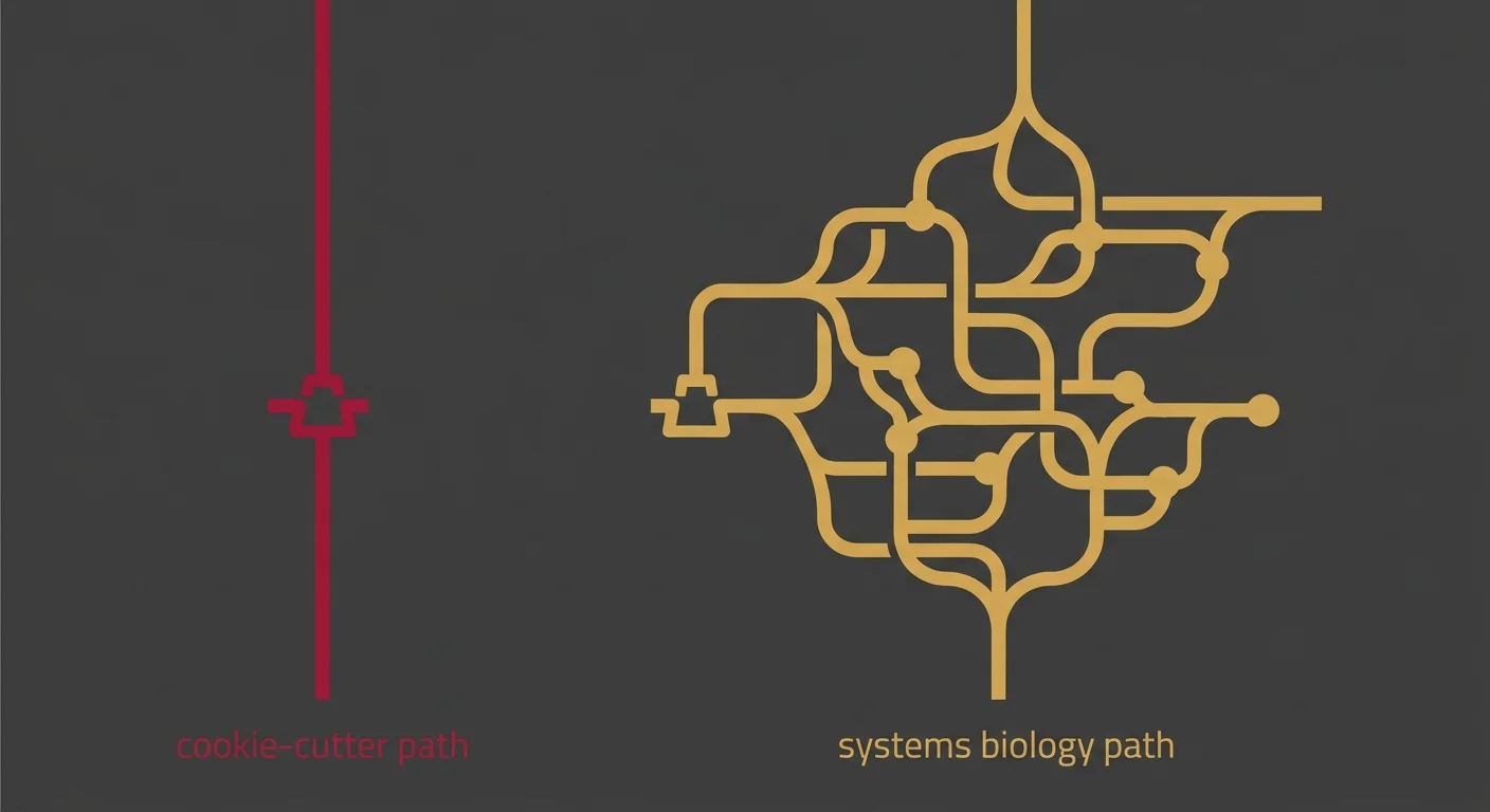 flat illustration comparing cookie cutter chiropractic protocol to systems biology approach showing limited versus comprehensive response