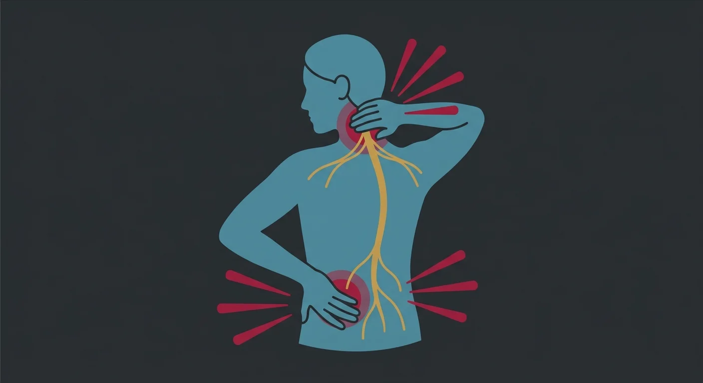 flat illustration of person experiencing chronic pain in multiple sites with nervous system pathway highlighted