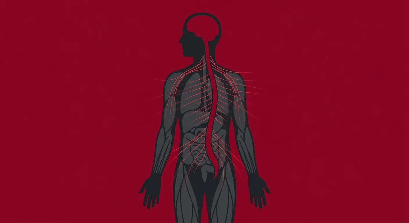 flat illustration of nervous system overload sending tension signals through the spine and body
