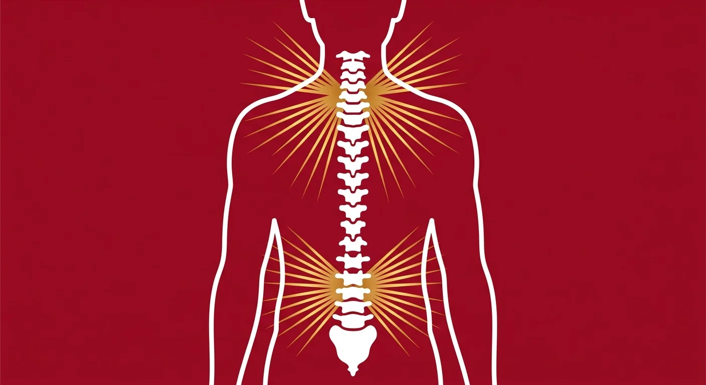 flat illustration of chronic stress tension radiating from spinal segments into surrounding muscles