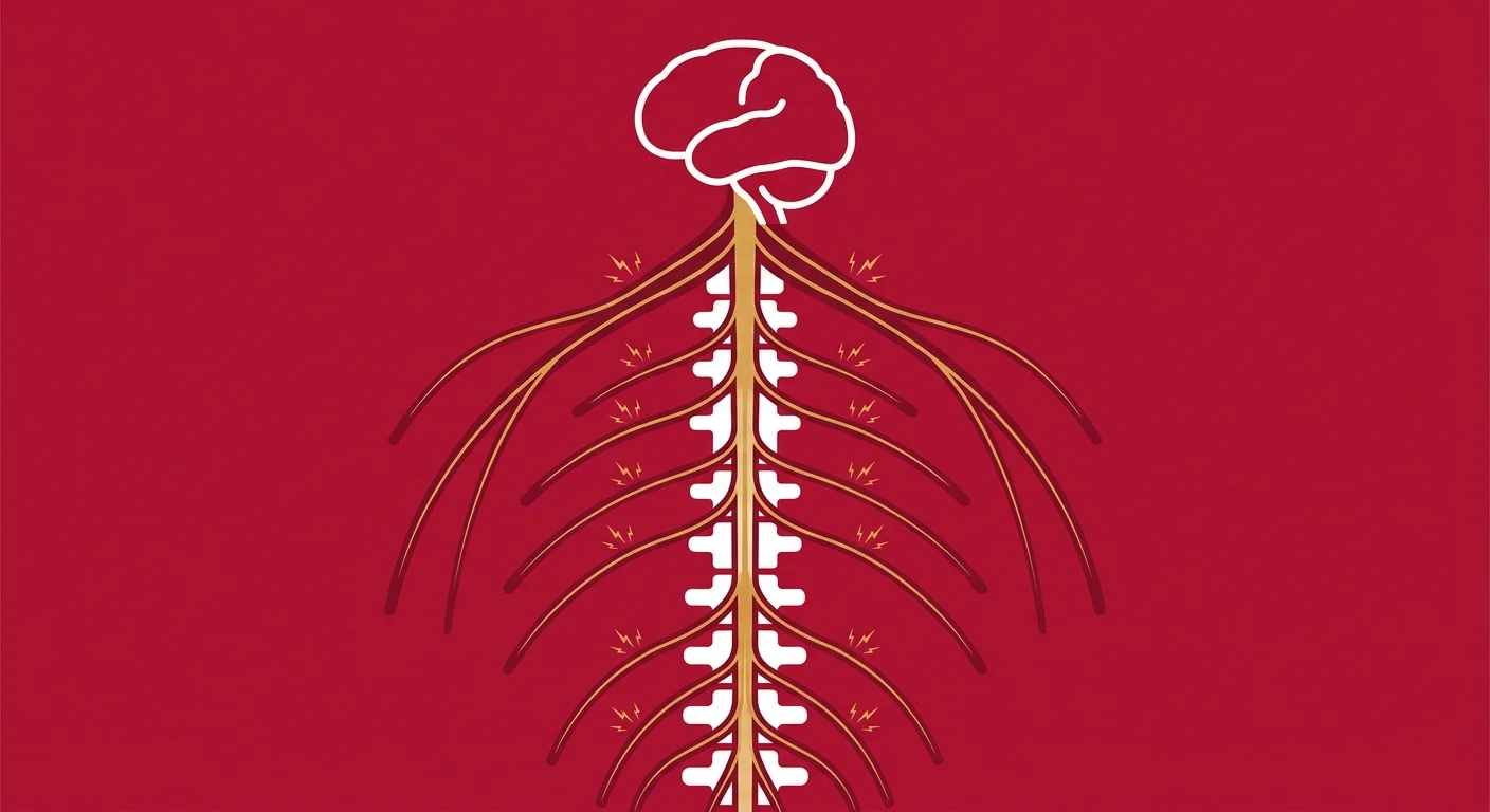 flat illustration showing spinal nerve signals traveling from the spine to the brain
