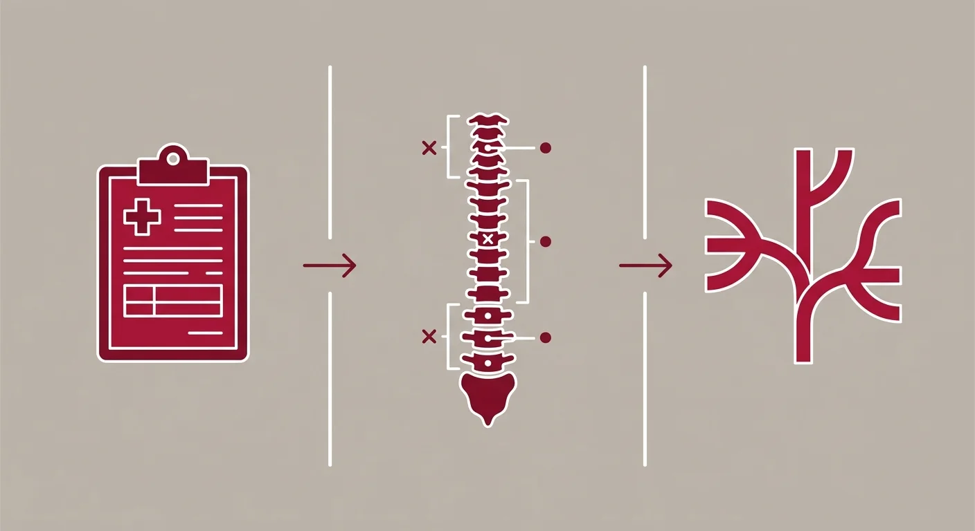 flat illustration of structural stress assessment process from clinical intake to individualized chiropractic care plan