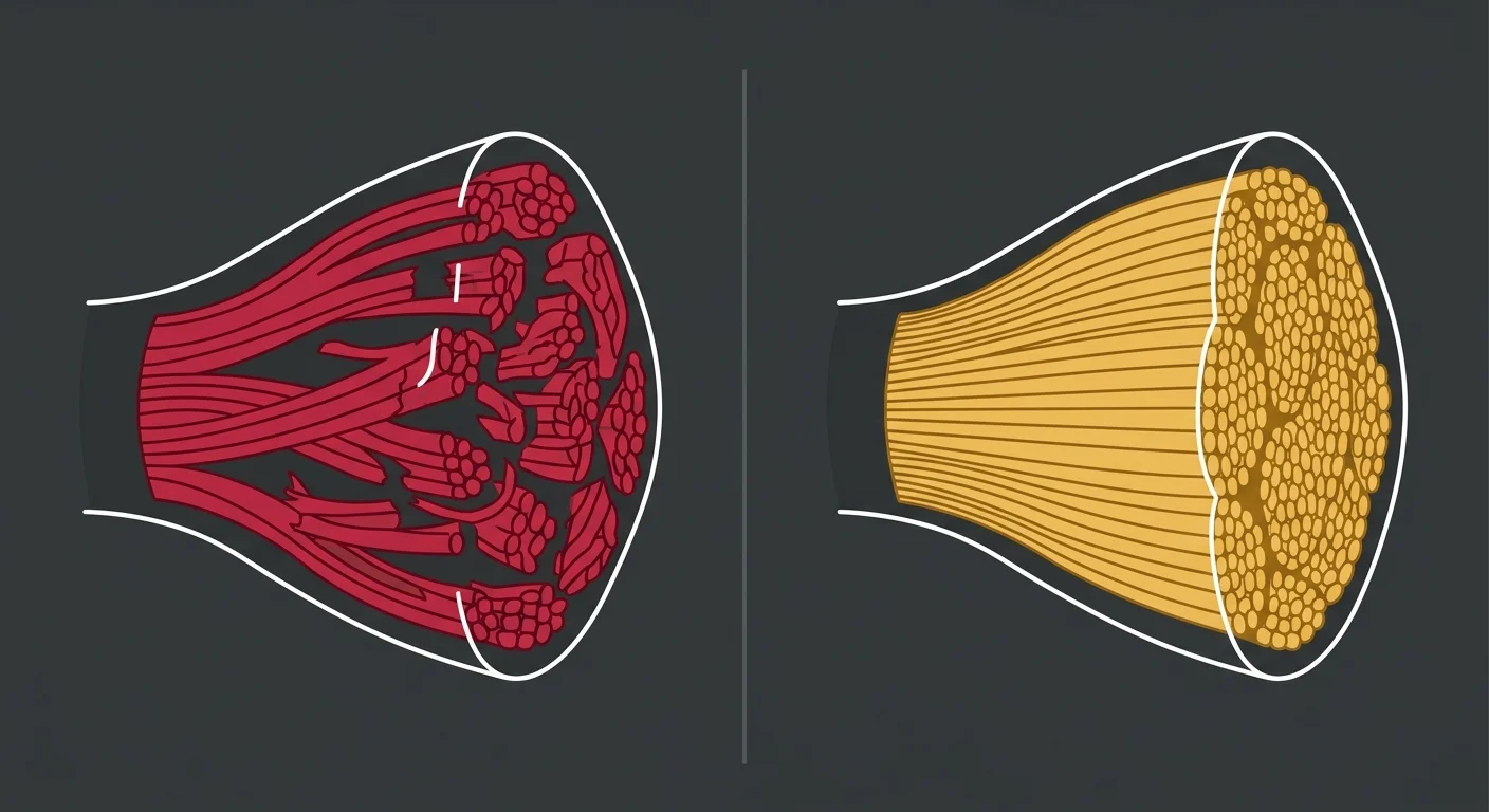 flat illustration comparing damaged tendon collagen fibers to repaired aligned collagen fibers