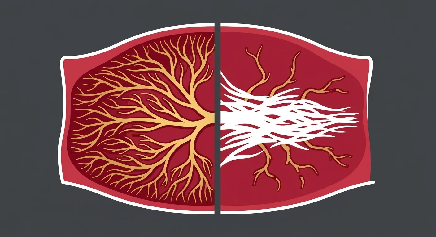 flat illustration comparing healthy tissue blood flow to scar tissue vascular blockade