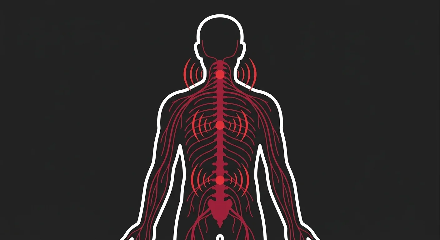 flat illustration of chronic pain nerve pathways showing persistent alarm signals in the spine
