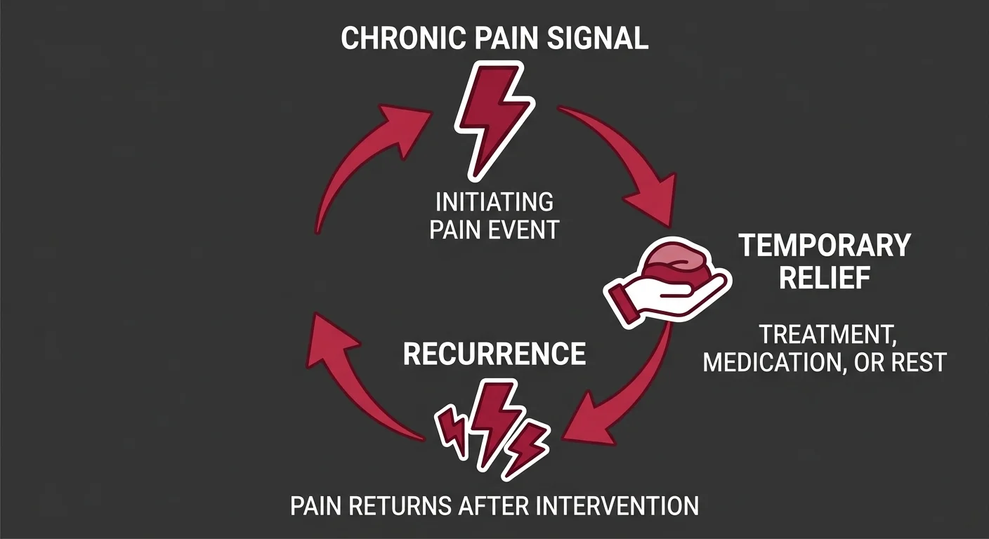 flat illustration of chronic pain recurrence cycle showing why pain returns without root cause treatment