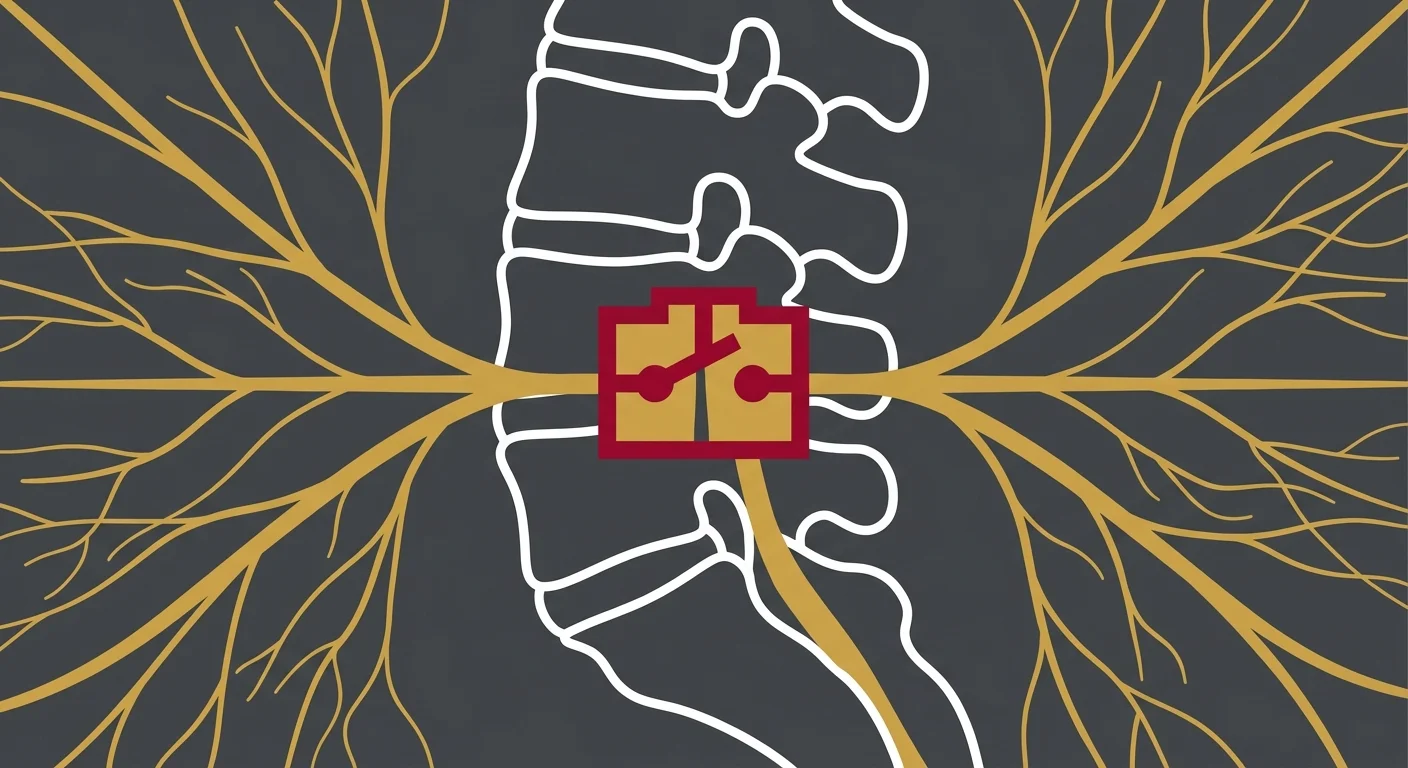 flat illustration of lumbar spine with nerve circuit break symbol showing failed back surgery syndrome