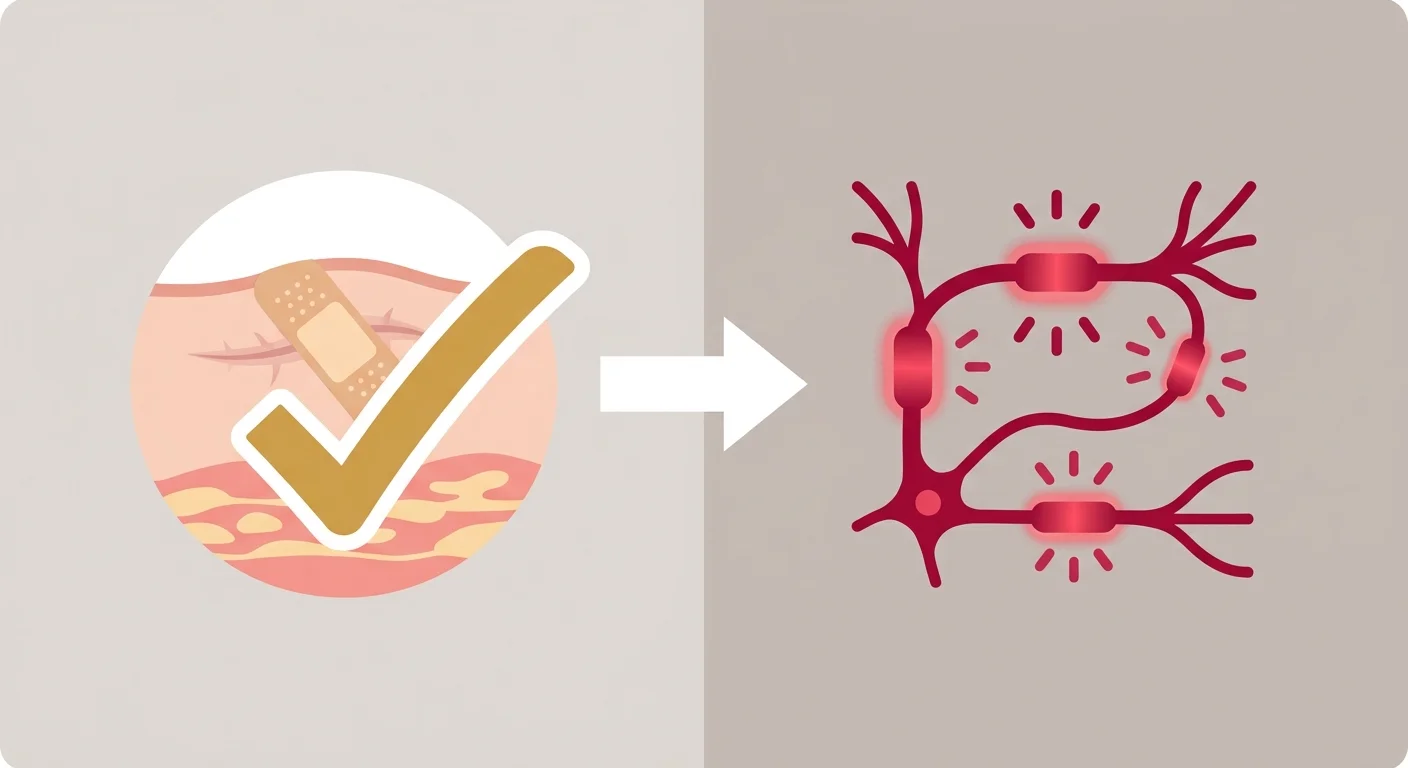 flat illustration comparing healed injury site to still active chronic pain nerve pathway