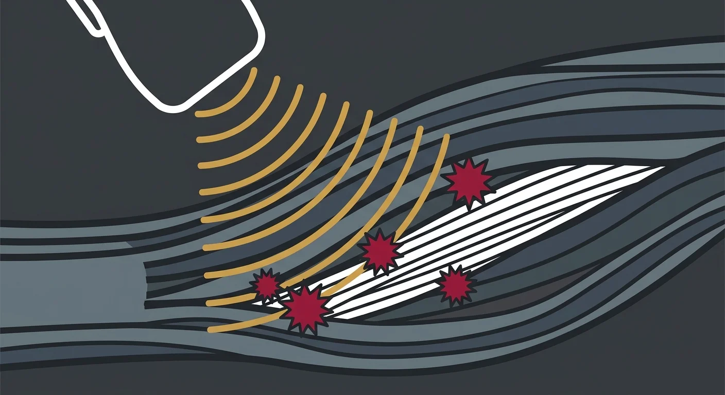 flat illustration of acoustic waves penetrating tendon tissue and activating cellular repair response
