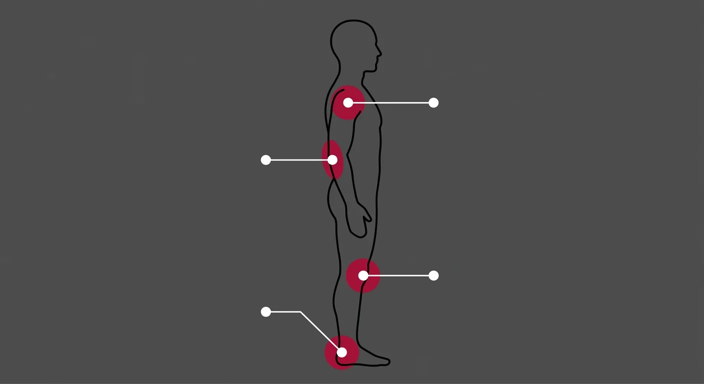 flat illustration of body showing shockwave therapy target conditions by anatomical location