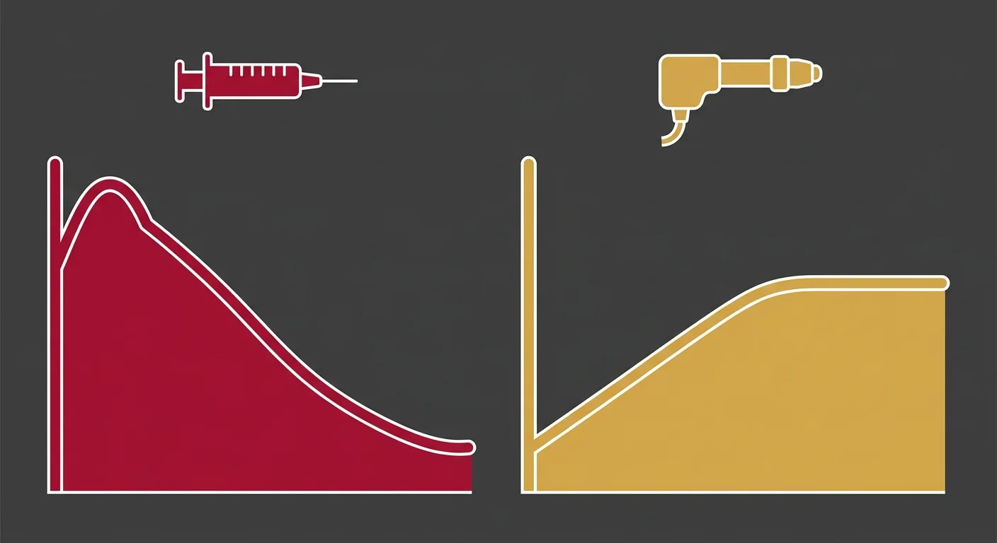 flat illustration comparing cortisone injection outcomes versus shockwave therapy outcomes over time
