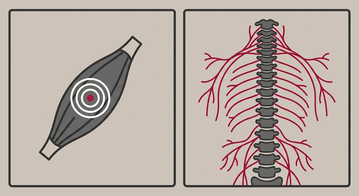 flat illustration comparing localized muscle therapy to systemic nervous system recovery approach