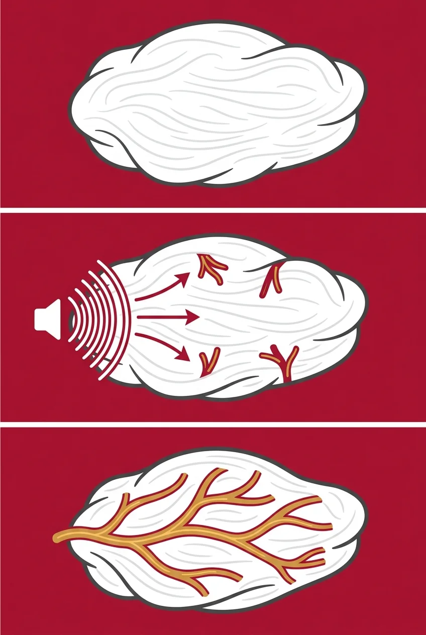 flat illustration of shockwave therapy triggering neovascularization and collagen remodeling in scar tissue