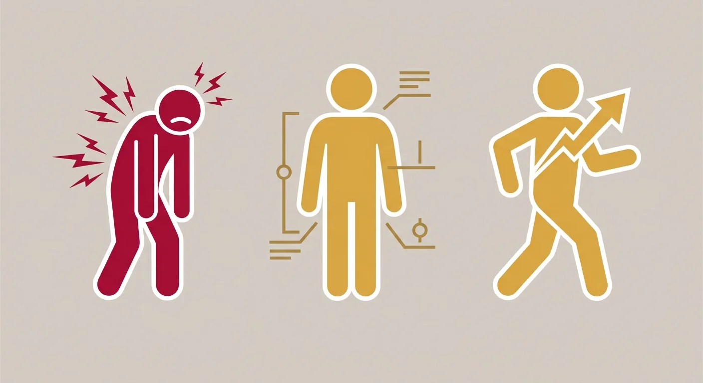 flat illustration showing three stages from chronic pain through assessment to functional recovery