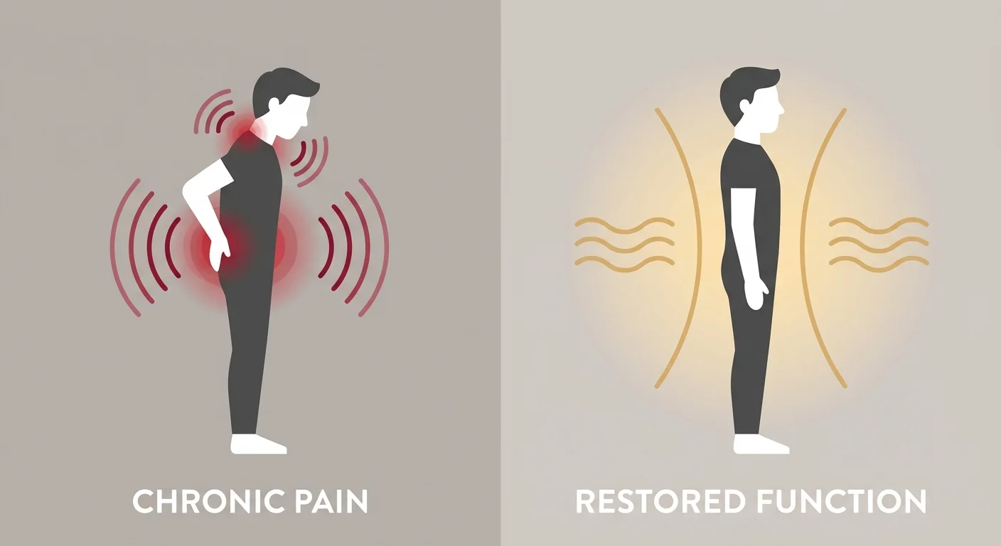 flat illustration comparing chronic pain state to restored function after chiropractic care