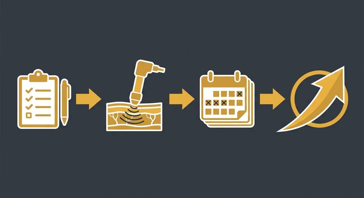 flat illustration of shockwave therapy protocol steps from assessment to tissue healing outcome
