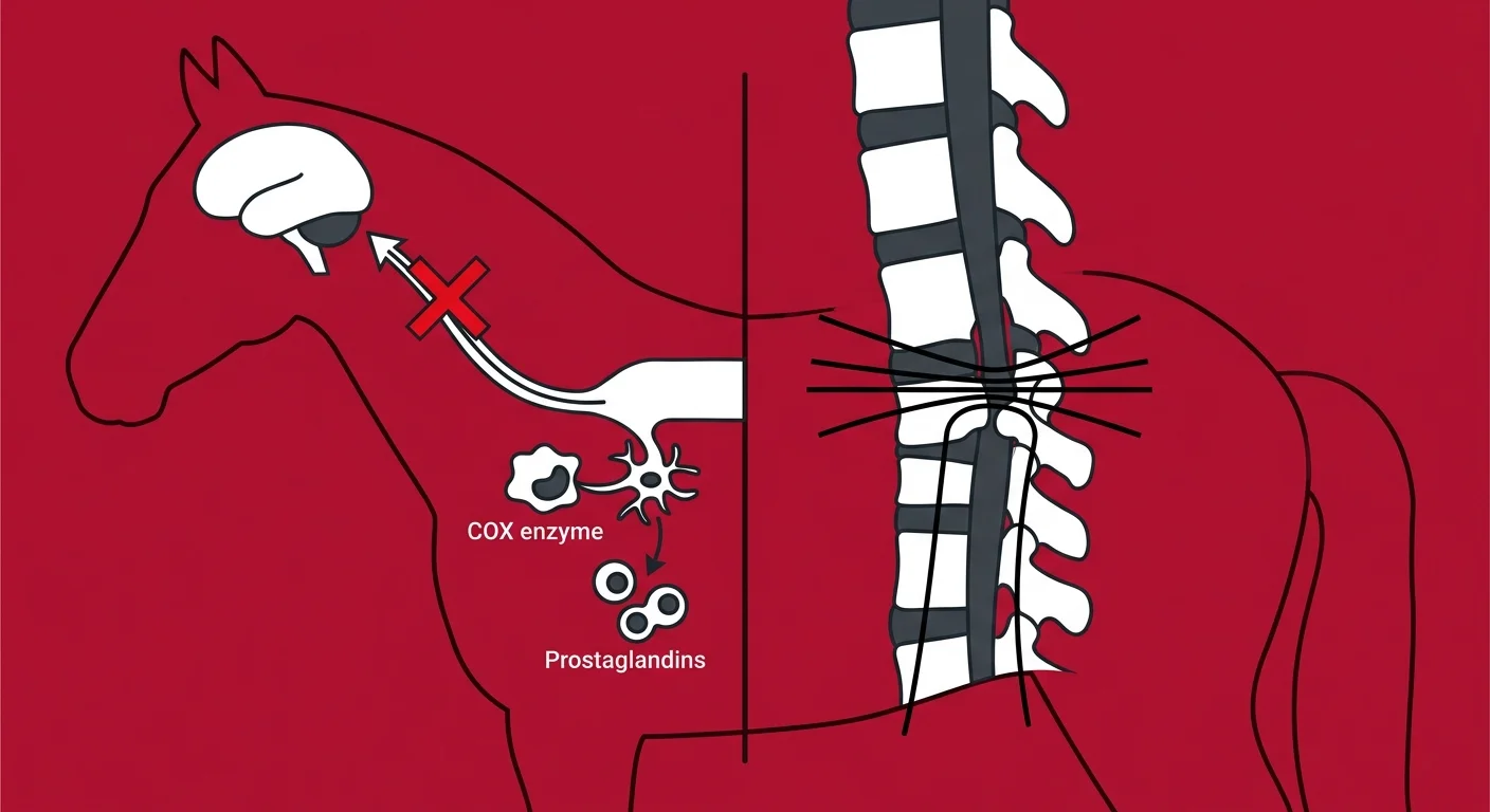 diagram of bute blocking equine pain signals while vertebral damage continues
