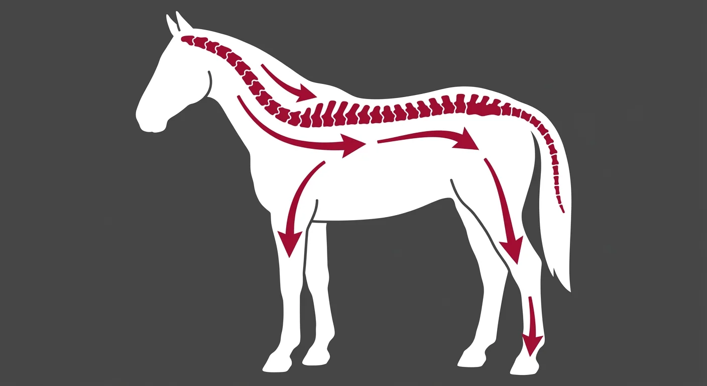 flat illustration of equine spinal kinetic chain showing load transfer from hindquarters to forehand