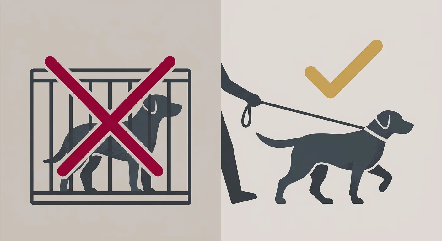 flat illustration comparing crate confinement versus leash walking for pet chiropractic recovery