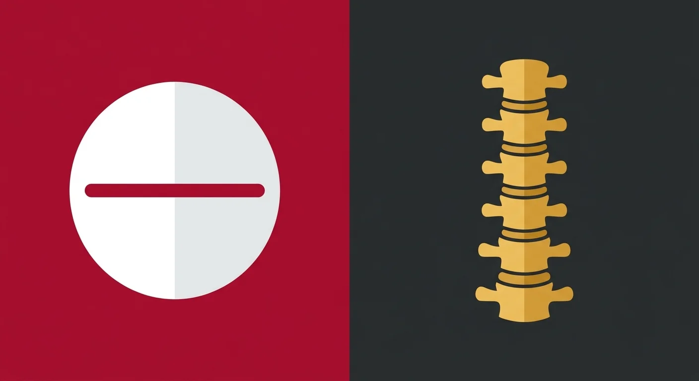 flat illustration comparing pharmaceutical symptom management versus spinal root cause assessment