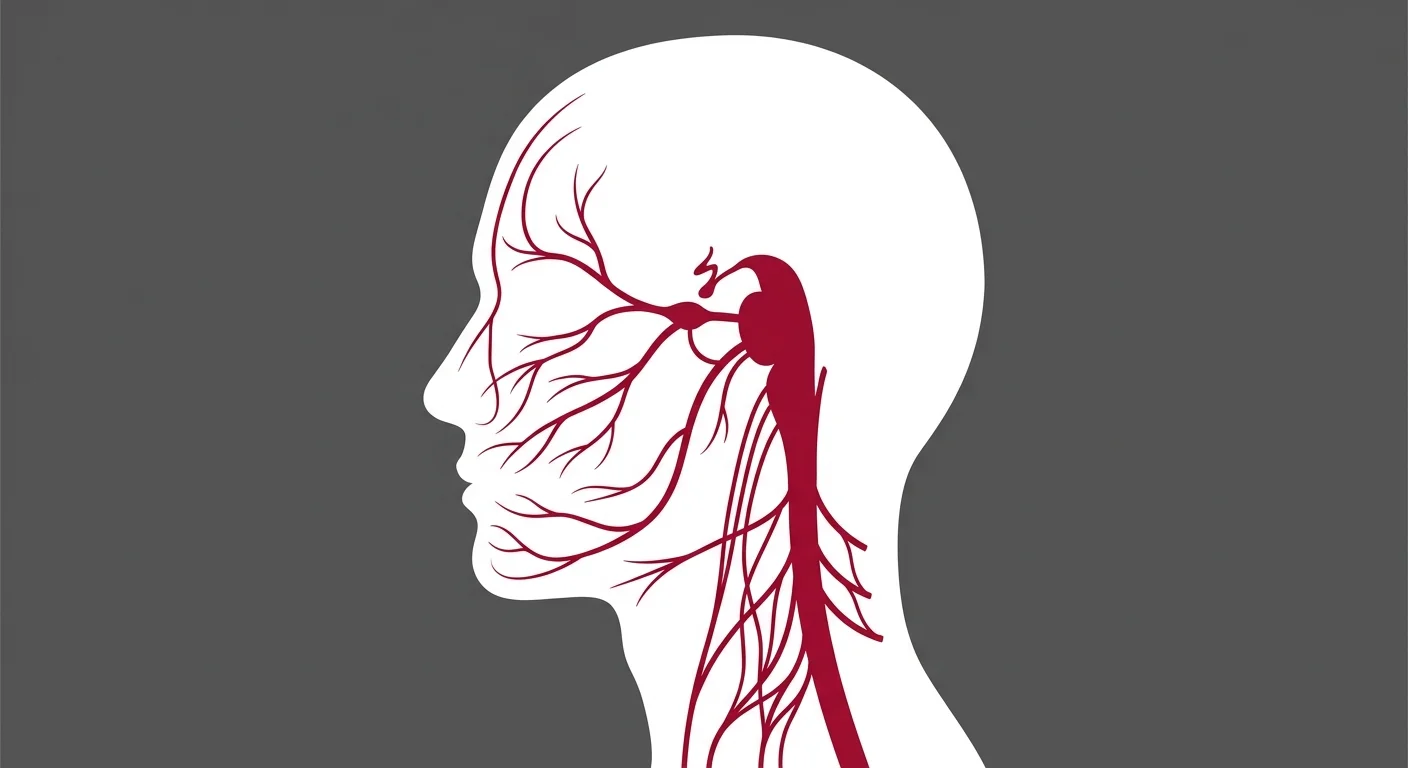 flat illustration of trigeminal nerve and upper cervical nerves converging at brainstem