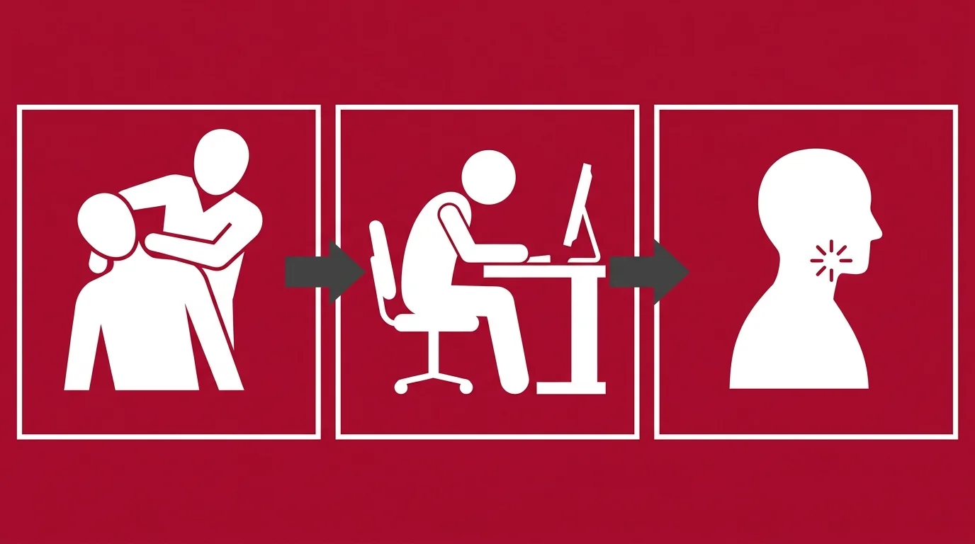 flat illustration showing chiropractic adjustment undone by poor desk posture and jaw tension