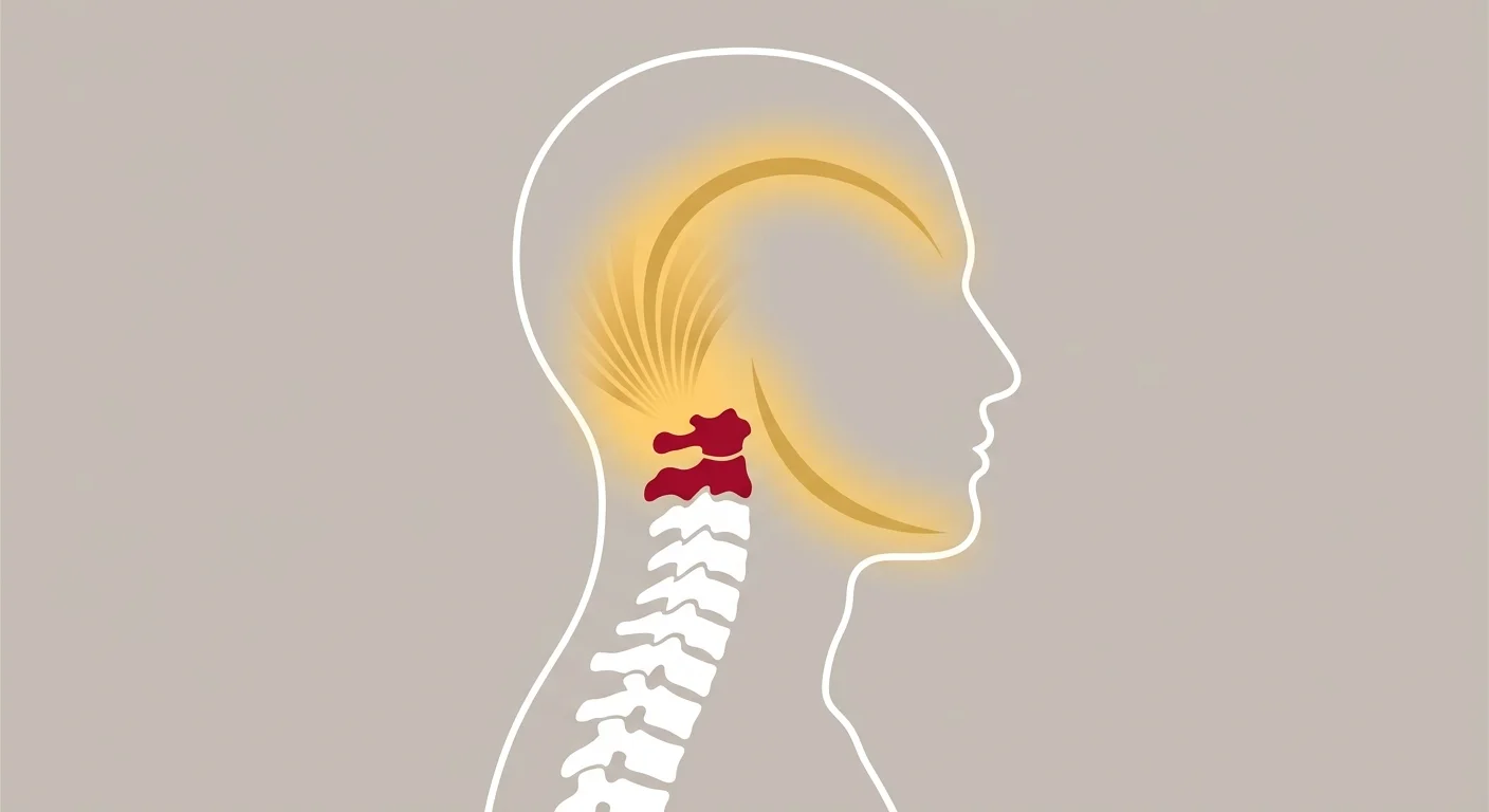 flat illustration of C1 C2 misalignment and referred pain pathways to jaw and temple