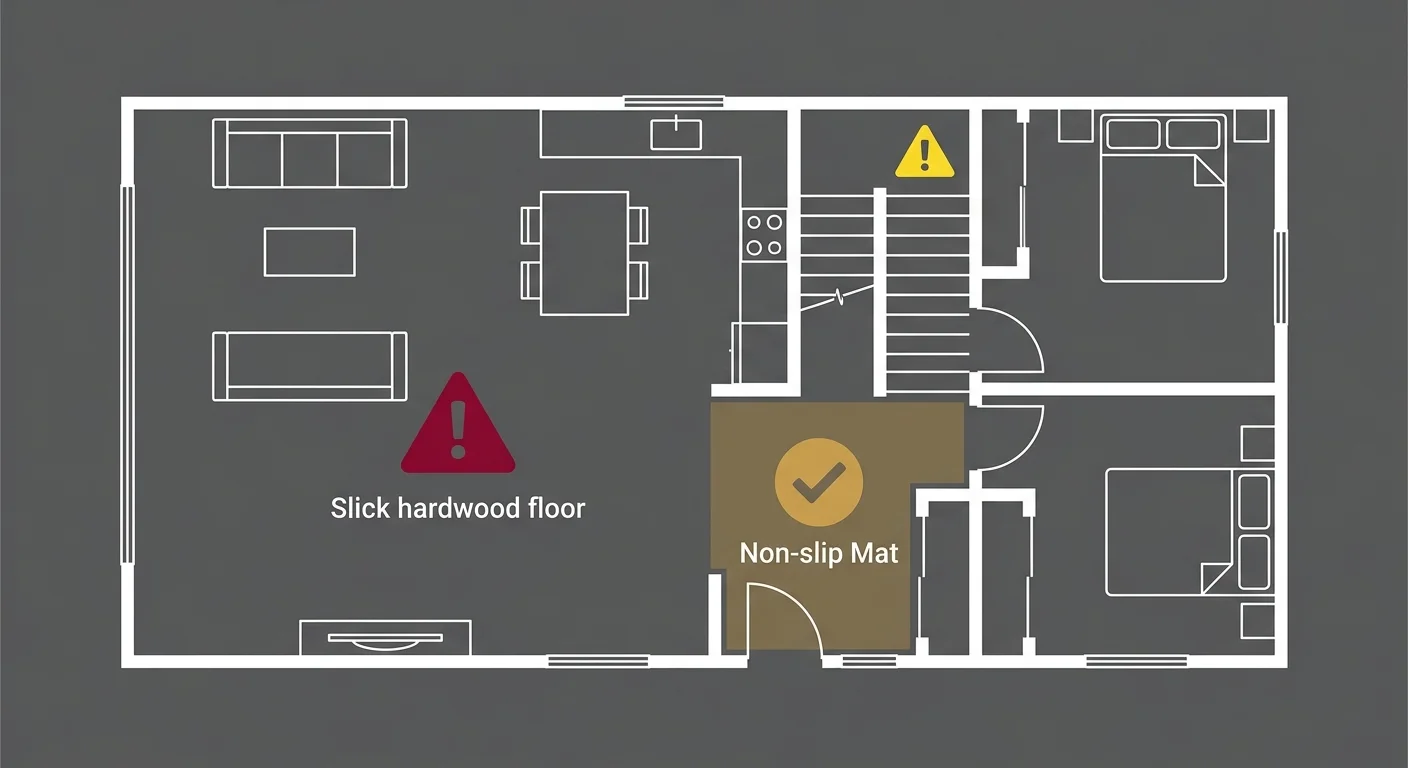 flat illustration of home environment audit zones for pet chiropractic recovery safety