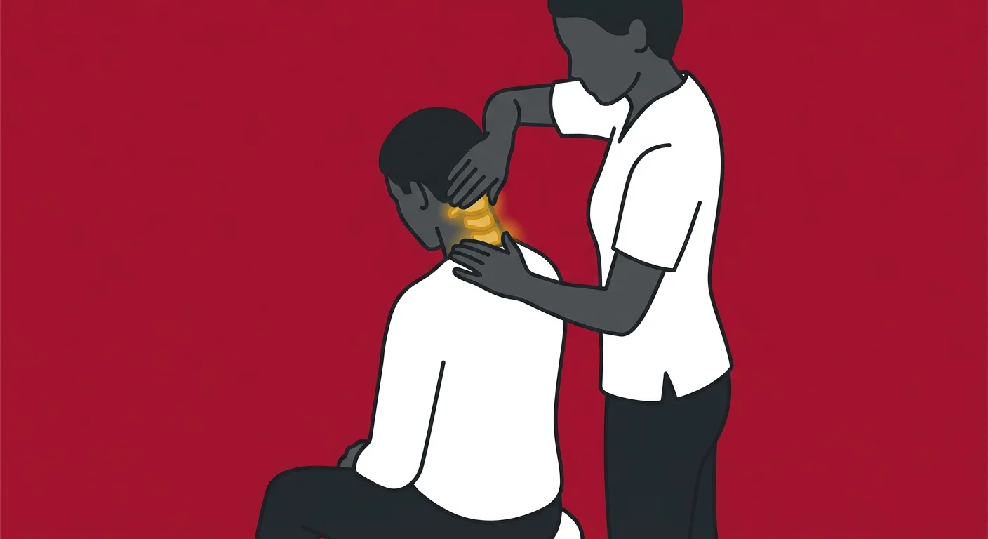 flat illustration of upper cervical spine palpation exam for headache and TMJ assessment