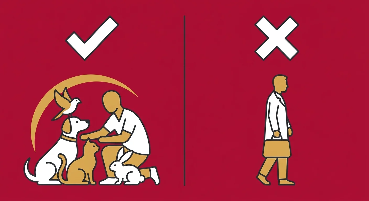 flat illustration comparing correct collaborative animal chiropractic versus unsupervised lay practitioner