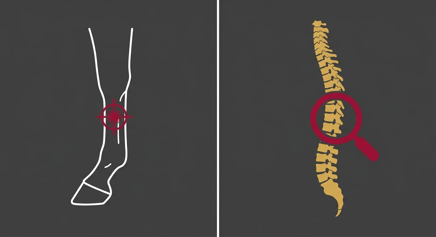 flat illustration comparing limb-only lameness exam to full equine spinal evaluation