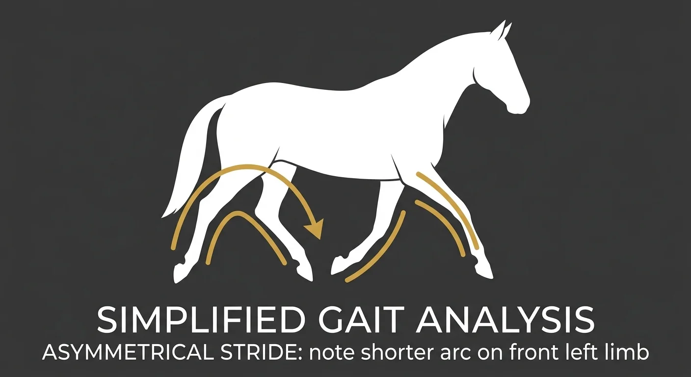 flat illustration of equine gait asymmetry and compensatory stride pattern analysis