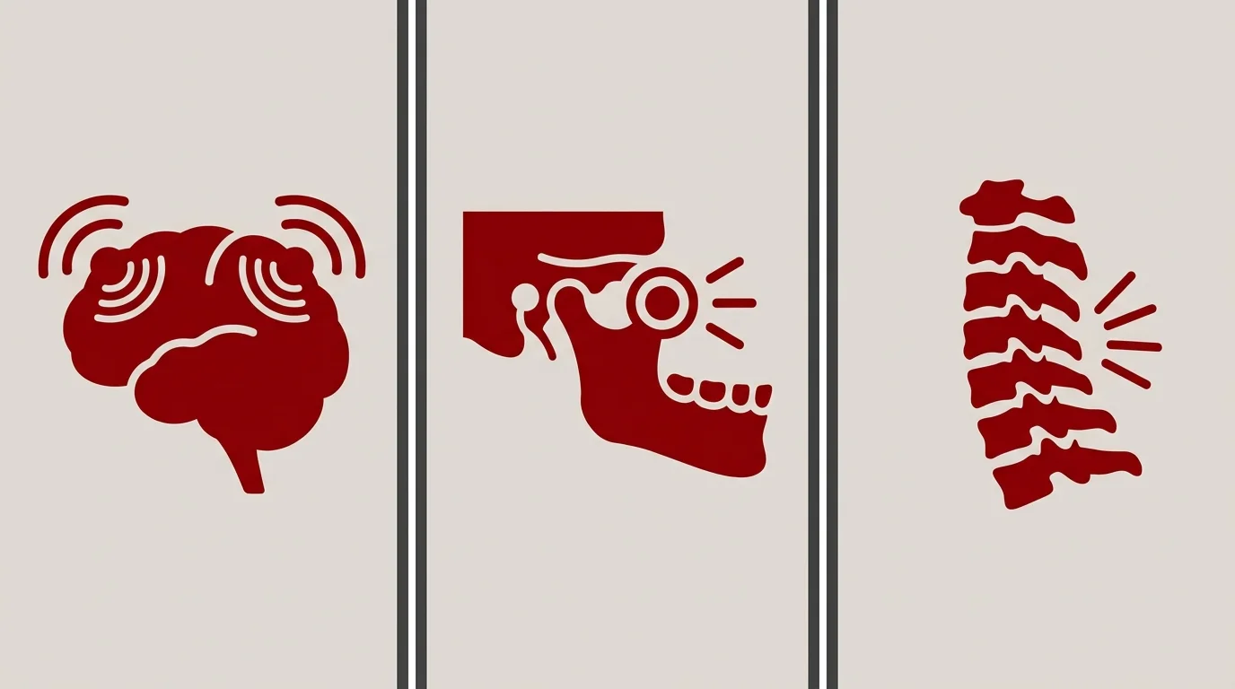 flat illustration comparing migraine TMD and cervicogenic headache sources side by side
